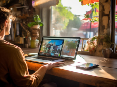 Digital nomad working in overseas cafe