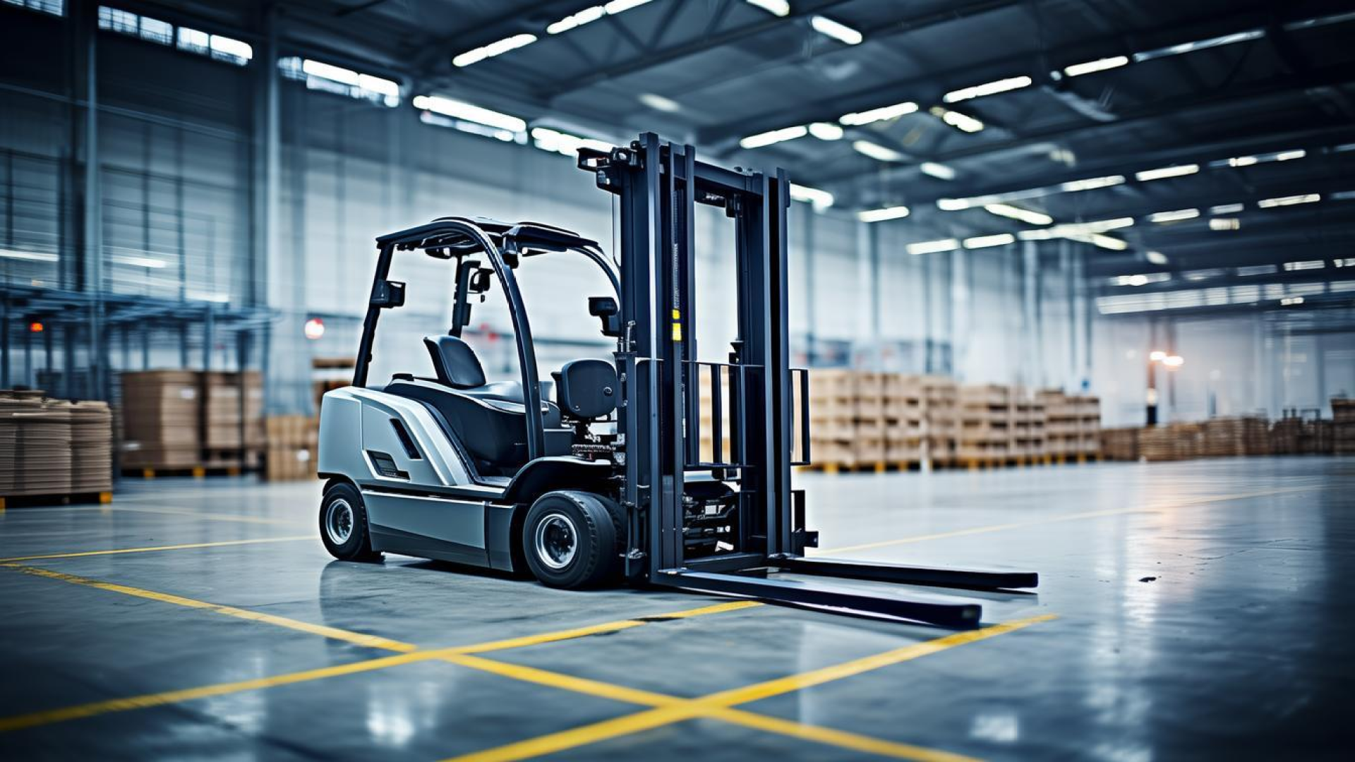 现代工业叉车在仓库中工作