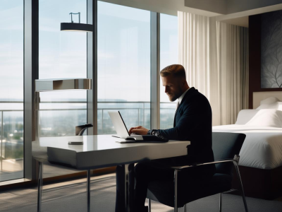 Business traveler working in hotel room